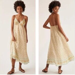 LET ME BE Babydoll Midi Dress Cream Floral Boho Anthropologie Women's Size M NEW